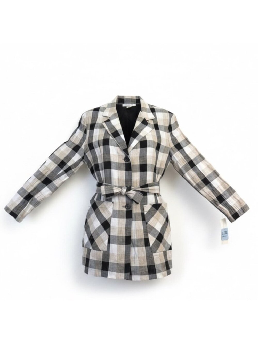 Ellen Ashley Womens Beige/Black Plaid Blazer Jacket Tie Waist Size M